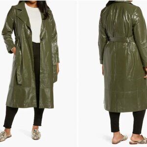 Leith Faux Patent Y2K Leather Trench Coat Belted Olive Green Small -NWT
